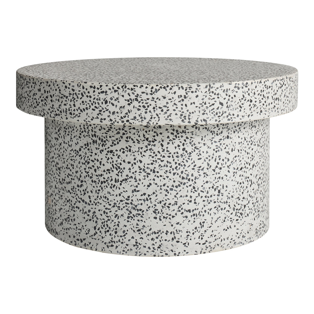 Gray speckled round coffee table with a smooth top and cylindrical base, featuring a minimalist design.