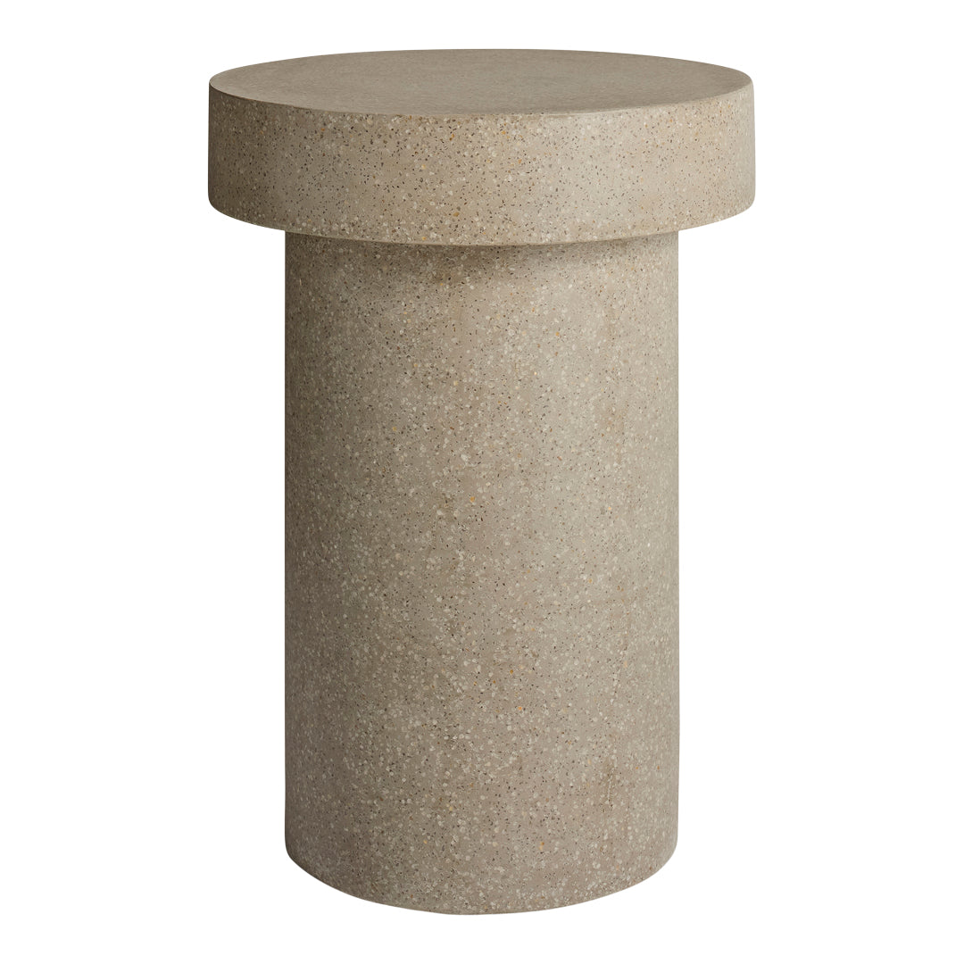 Neutral beige cylindrical table with a smooth, solid texture and minimalistic design. Perfect for modern decor.