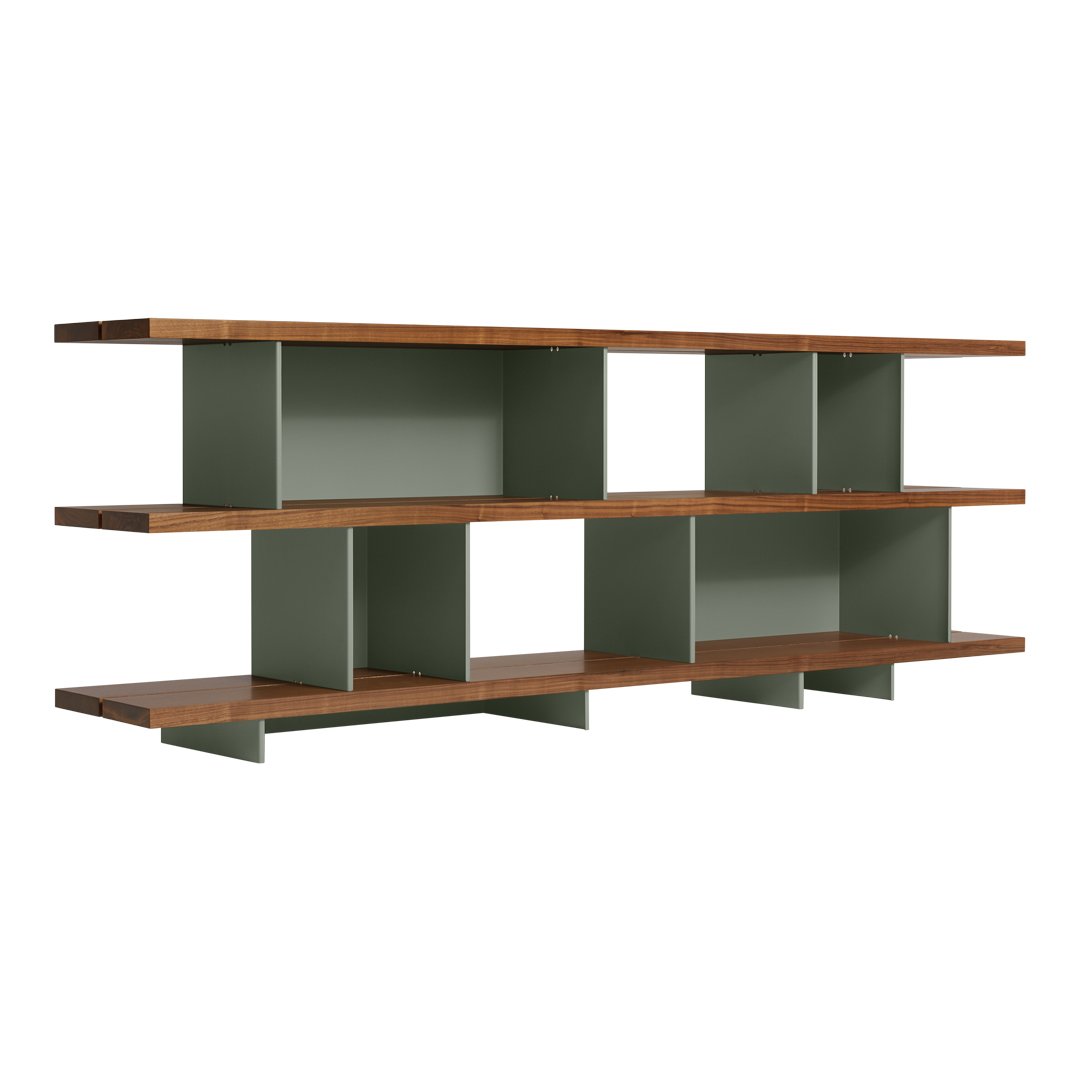 Modern shelving unit with a soft green finish and warm wooden shelves, showcasing a sleek geometric design.