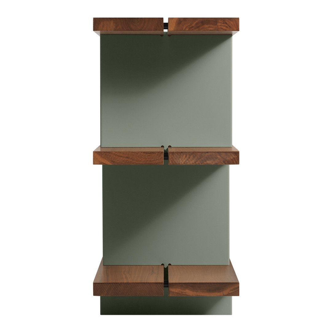 Wooden shelf with dark brown shelves and a muted green backdrop, featuring a modern and minimalist design.
