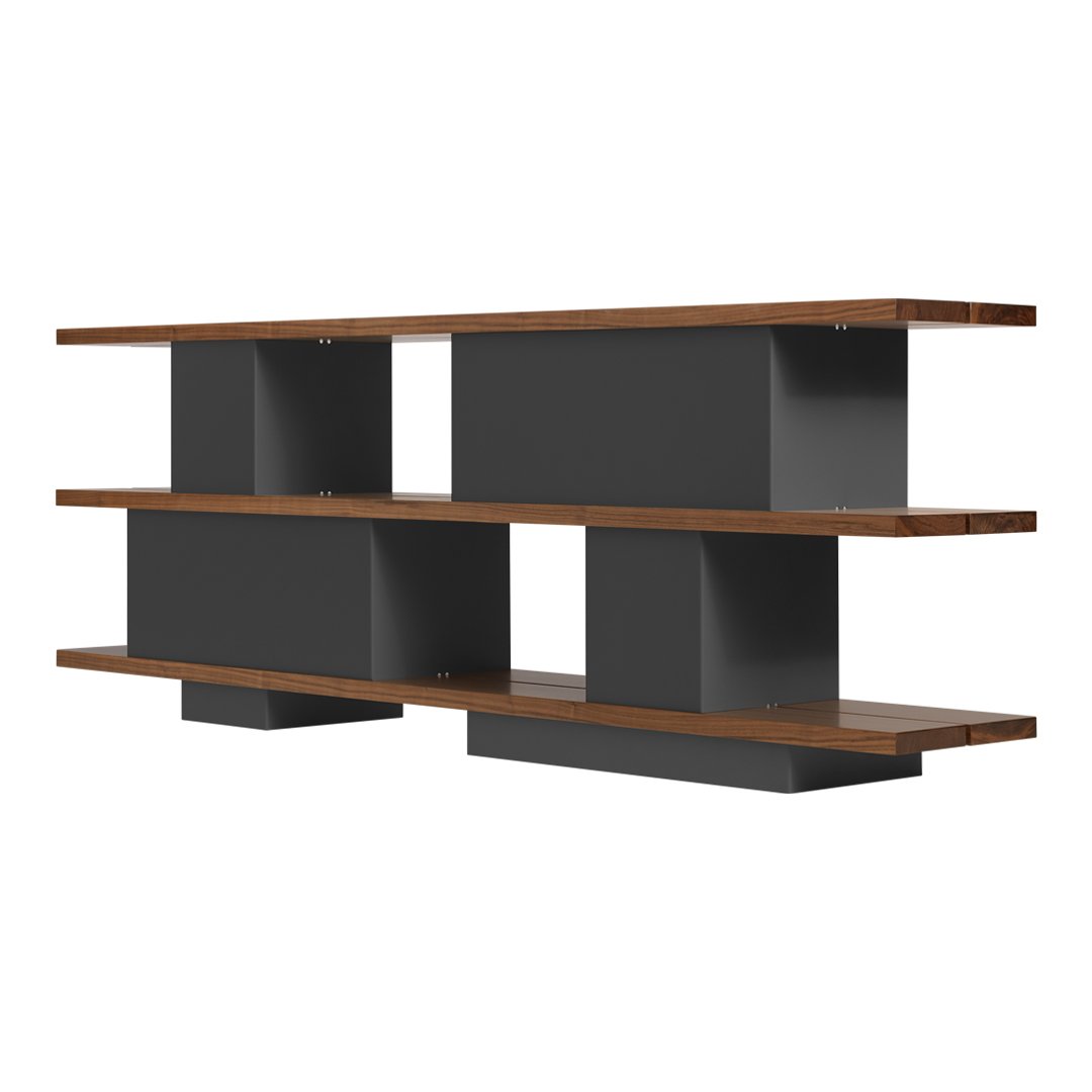 Sleek black shelving unit with wooden shelves, featuring a modern geometric pattern for stylish storage.
