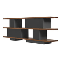 Sleek black shelving unit with wooden shelves, featuring a modern geometric pattern for stylish storage.
