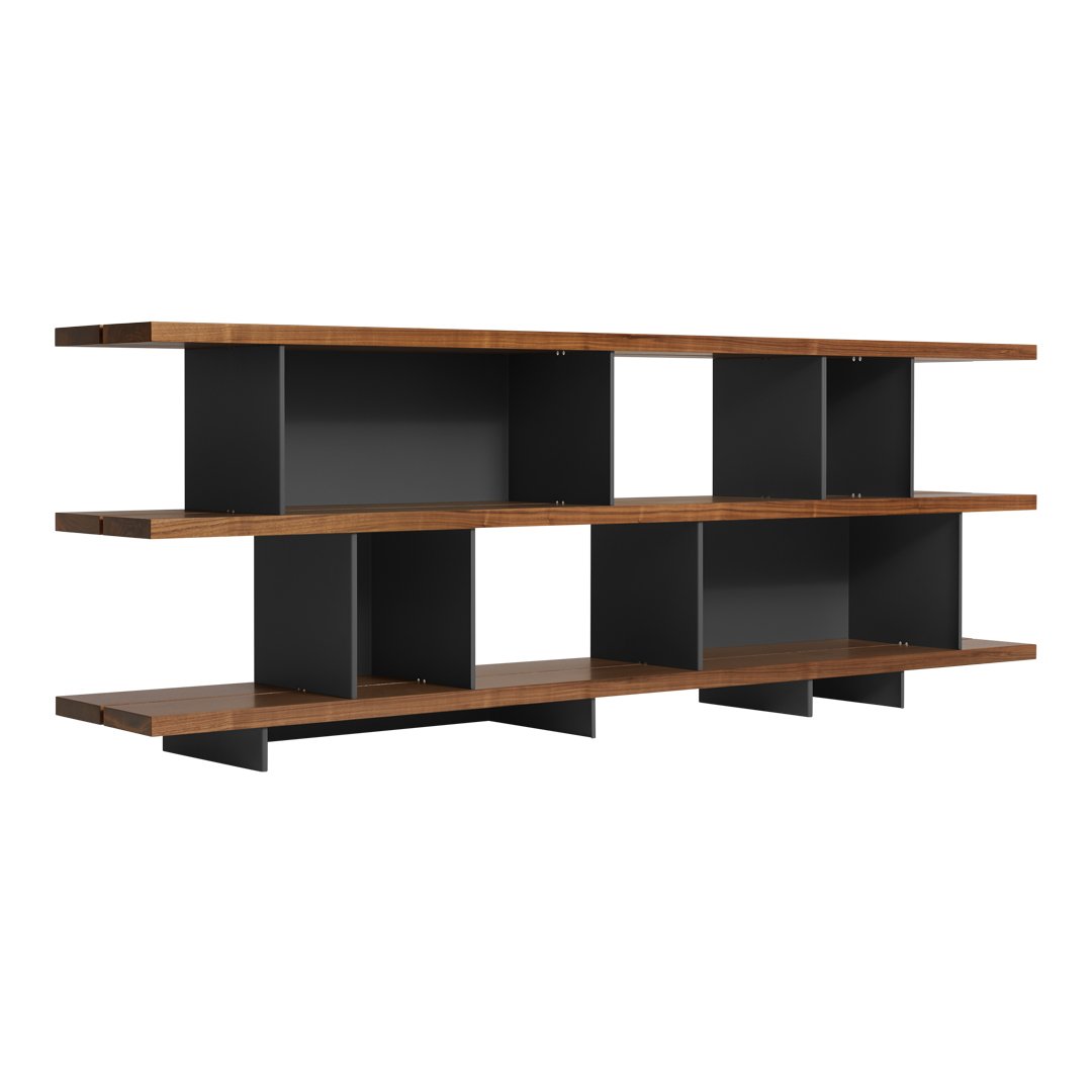 Modern wooden shelf with a warm brown finish and sleek black metal accents, featuring a minimalist design with open shelving.