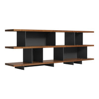 Modern wooden shelf with a warm brown finish and sleek black metal accents, featuring a minimalist design with open shelving.