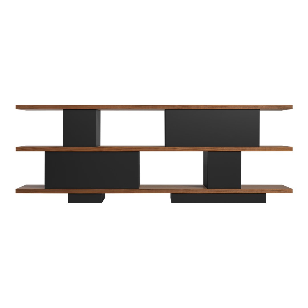 Modern shelf with a blend of natural wood tones and sleek black elements, featuring geometric patterns and a minimalist design.