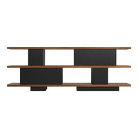 Modern shelf with a blend of natural wood tones and sleek black elements, featuring geometric patterns and a minimalist design.