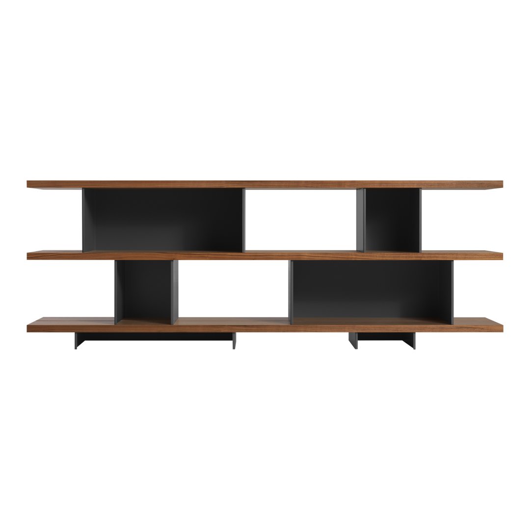 Modern black and brown wood shelves with a minimalist design and open compartments for versatile storage.