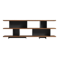 Modern black and brown wood shelves with a minimalist design and open compartments for versatile storage.