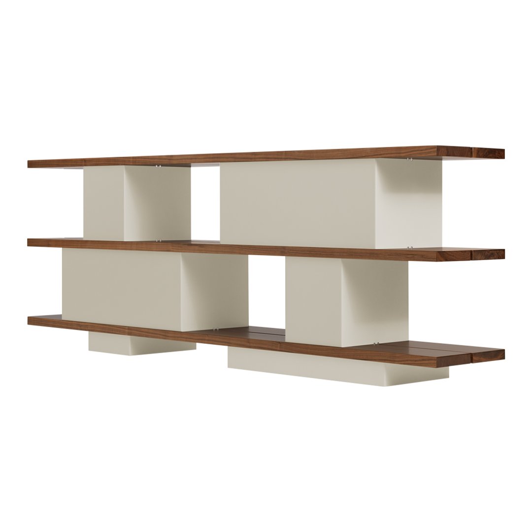 Modern shelving unit with creamy white panels and rich wooden shelves, showcasing a sleek, minimalistic design.