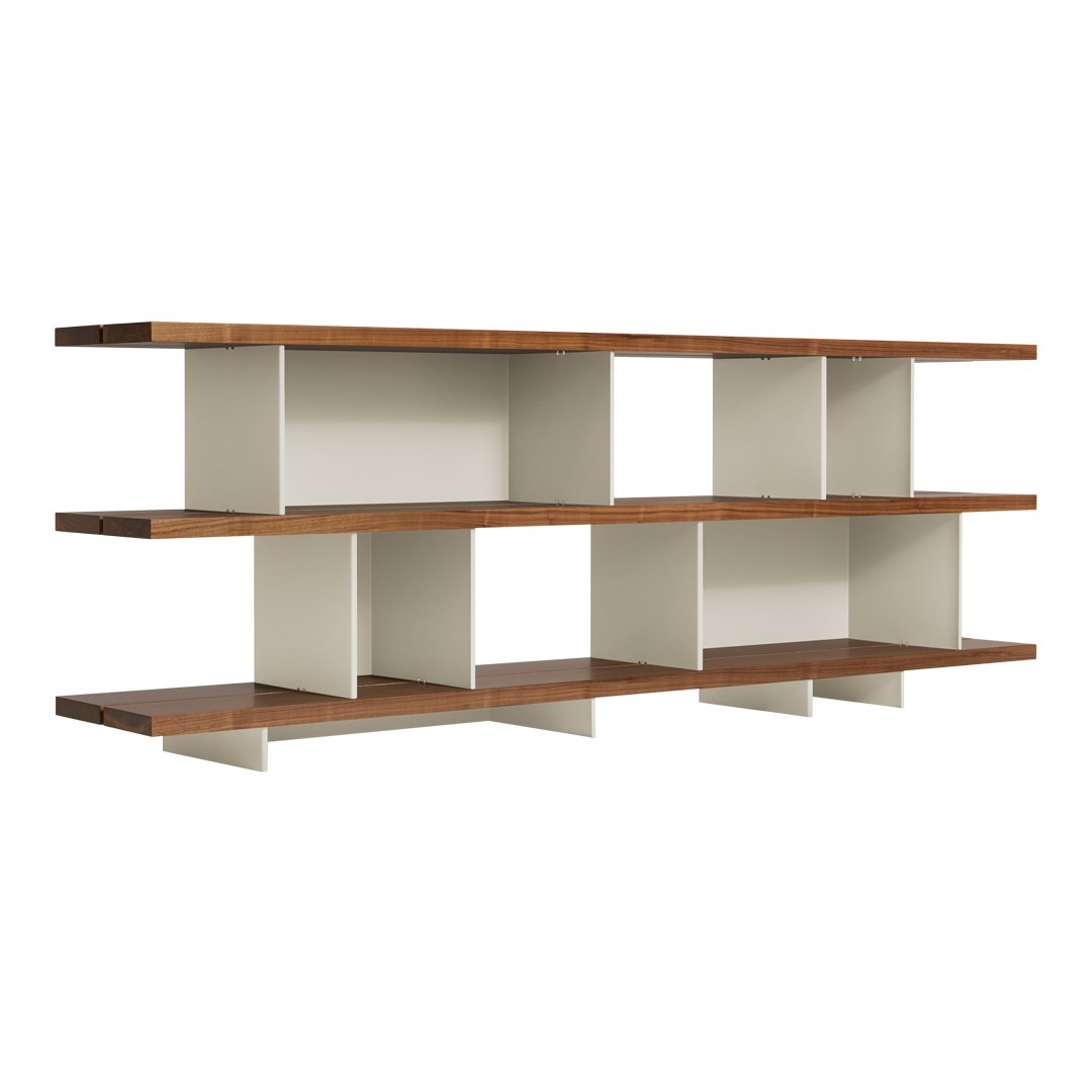 Modern shelving unit with light beige and rich brown wood accents, featuring clean lines and a minimalist design.