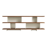 Modern shelving unit with a warm brown wood finish and clean, white geometric shelves.