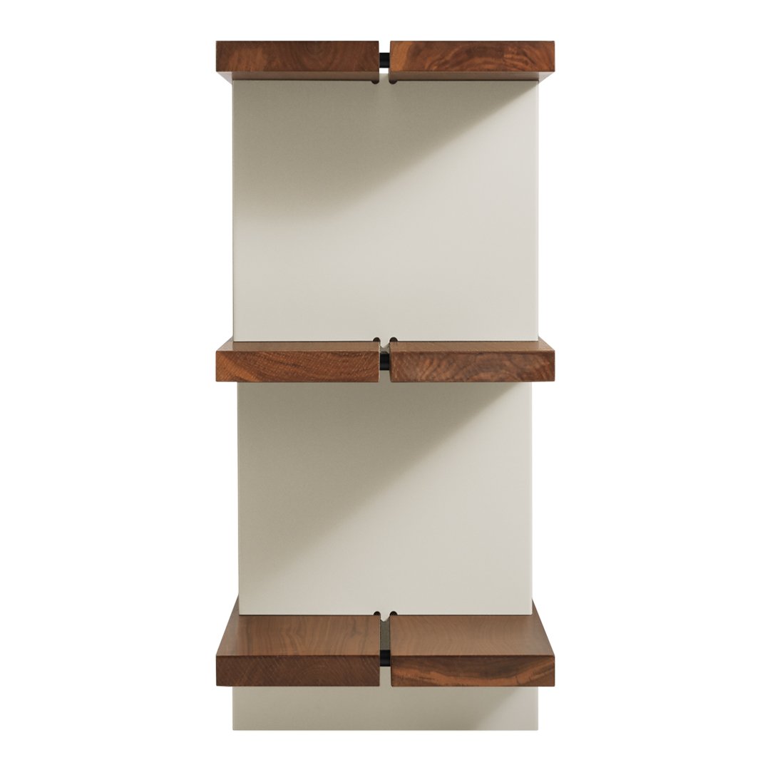 Sleek white shelving unit with rich brown wooden shelves, featuring a modern minimalist design.