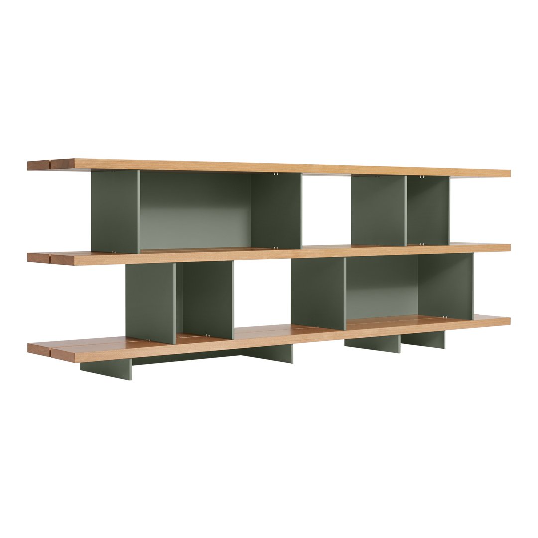 Olive green shelving unit with natural wood accents and clean, modern lines, ideal for stylish organization.