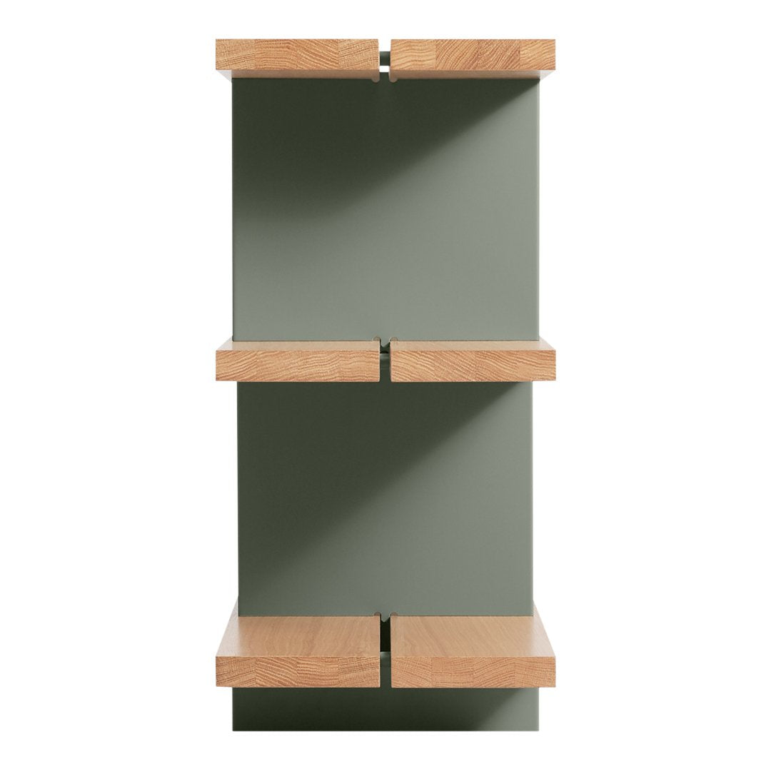 Green shelving unit with natural wood accents, featuring a sleek, modern design and open compartments.