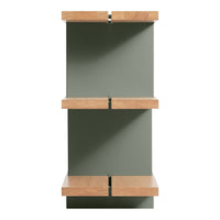 Green shelving unit with natural wood accents, featuring a sleek, modern design and open compartments.