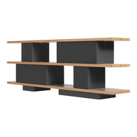 Modern shelving unit in sleek black with natural wood accents, featuring clean lines and a contemporary design.