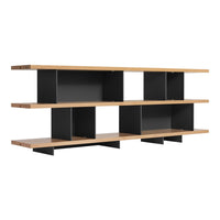 Modern black and natural wood shelving unit with clean lines and open shelving design. Perfect for stylish organization.