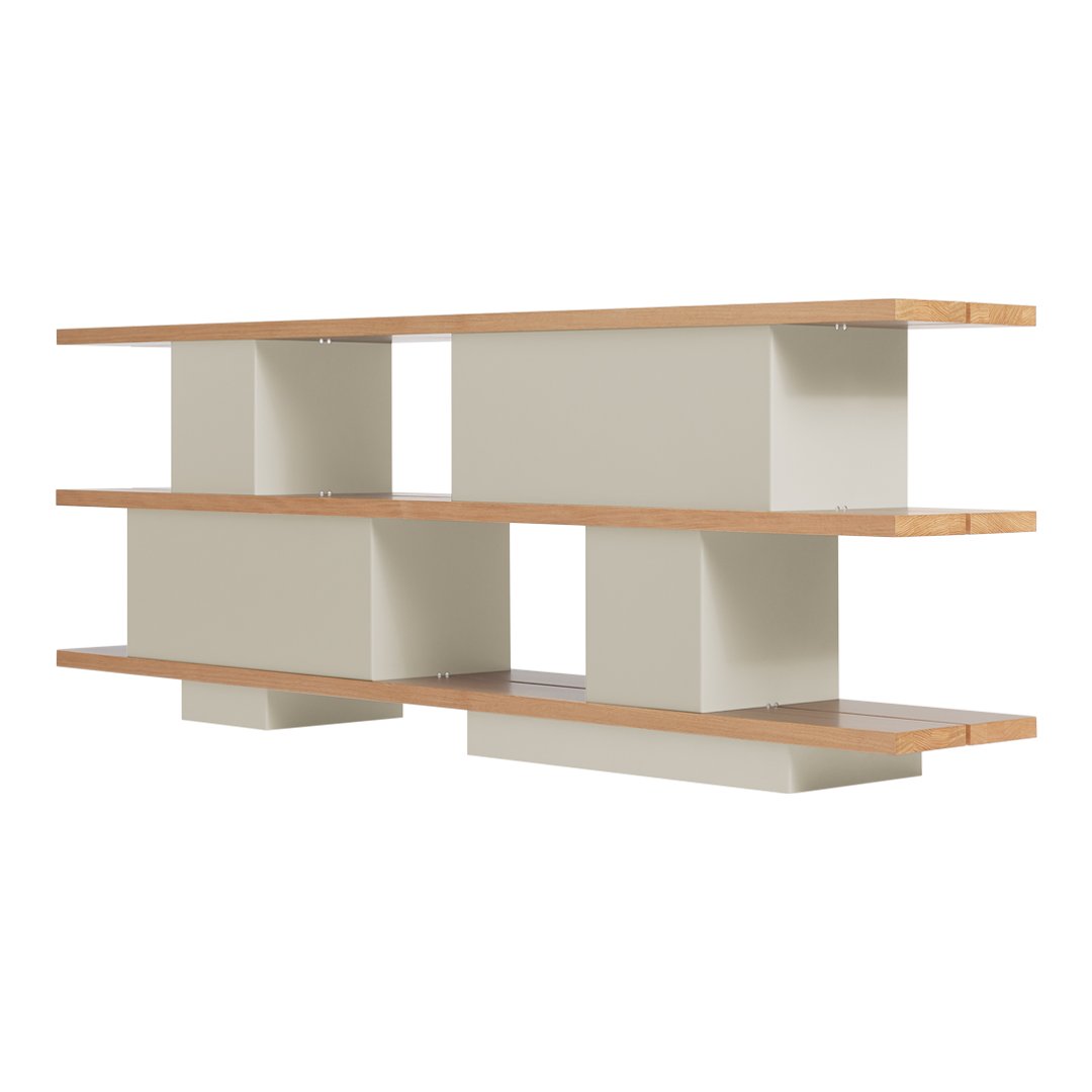 Modern shelving unit featuring a soft beige finish with smooth light wood accents and a minimalist design.