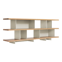 Light beige shelves with natural wood accents and a minimalistic design, showcasing clean lines and open spaces.