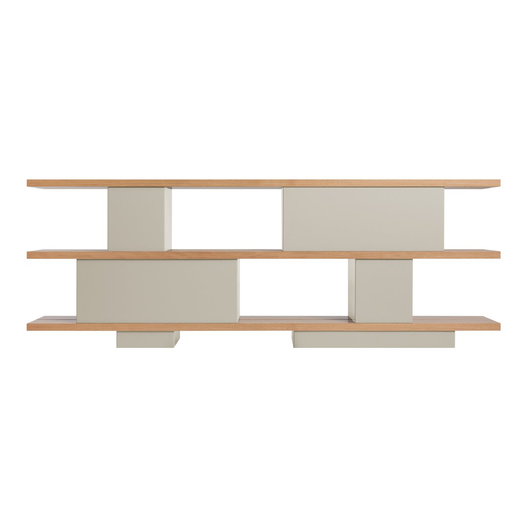 Modern shelf with beige and light wood tones, featuring a sleek, geometric design and clean lines.