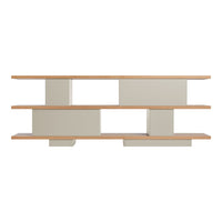 Modern shelf with beige and light wood tones, featuring a sleek, geometric design and clean lines.