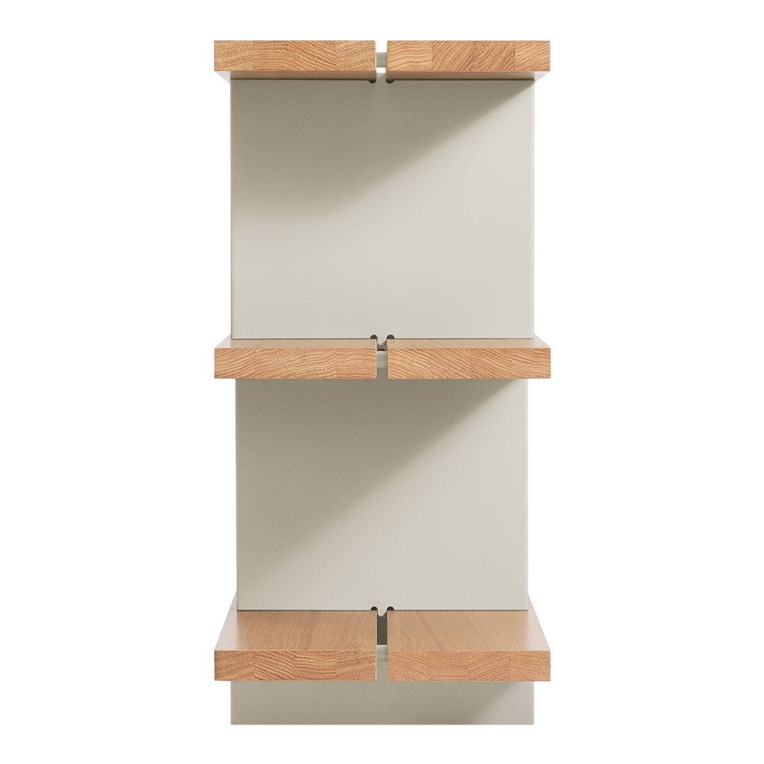 Modern shelving unit with a light gray body and warm wood shelves, showcasing a sleek, minimalist design.