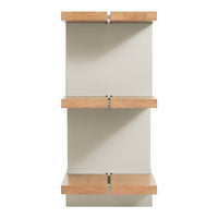 Modern shelving unit with a light gray body and warm wood shelves, showcasing a sleek, minimalist design.