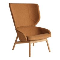 Stylish high-back chair in warm brown fabric with a smooth texture and minimalist wood legs. Perfect for modern decor.