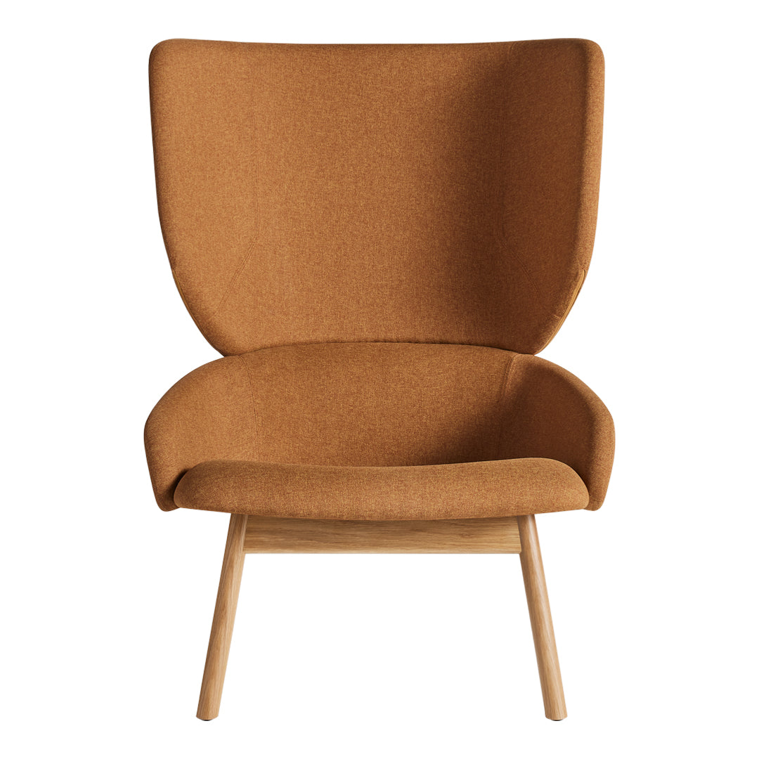 Brown upholstered chair with a minimalist design and wood legs, featuring smooth, solid-colored fabric.
