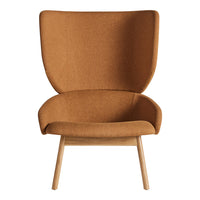 Brown upholstered chair with a minimalist design and wood legs, featuring smooth, solid-colored fabric.