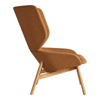 Mid-century modern armchair in warm tan fabric with smooth, curved lines and light wood legs. Perfect for stylish interiors.