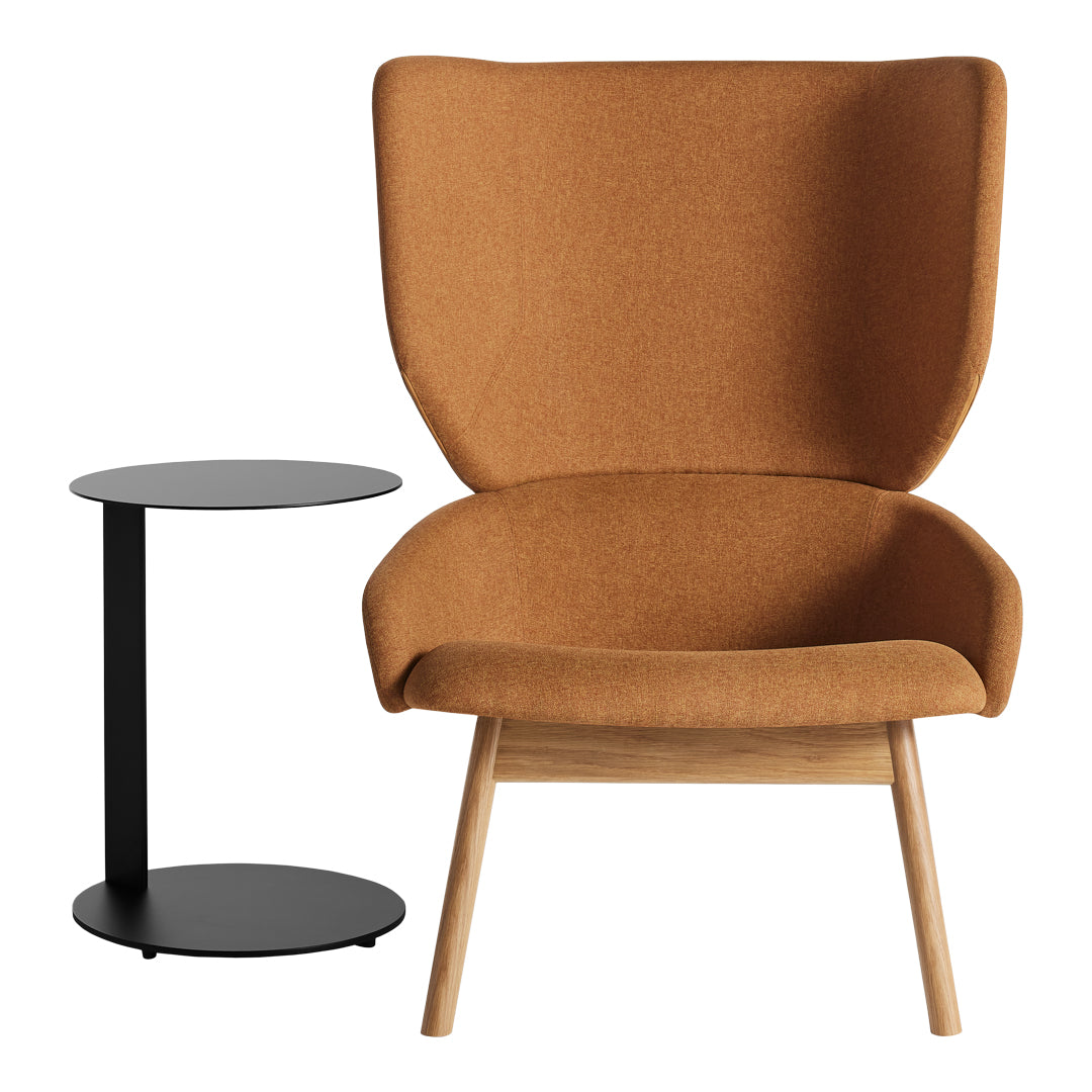 Orange high-back chair with smooth fabric and wooden legs, paired with a sleek black side table.