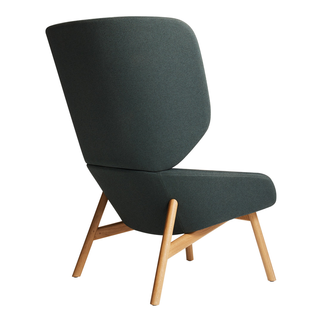 Dark green high-back chair with smooth curves and light wooden legs, showcasing modern minimalism and sleek design.
