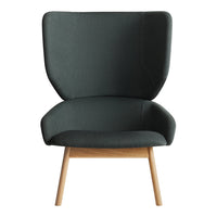 Stylish dark grey upholstered chair with a smooth finish and natural wood legs, featuring a modern ergonomic design.