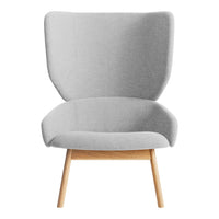 Light gray upholstered chair with a smooth, minimalist design and natural wood legs. Ideal for modern decor.