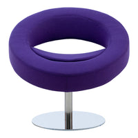 Purple circular chair with a sleek chrome base, featuring a soft, smooth fabric texture. Ideal for modern decor.