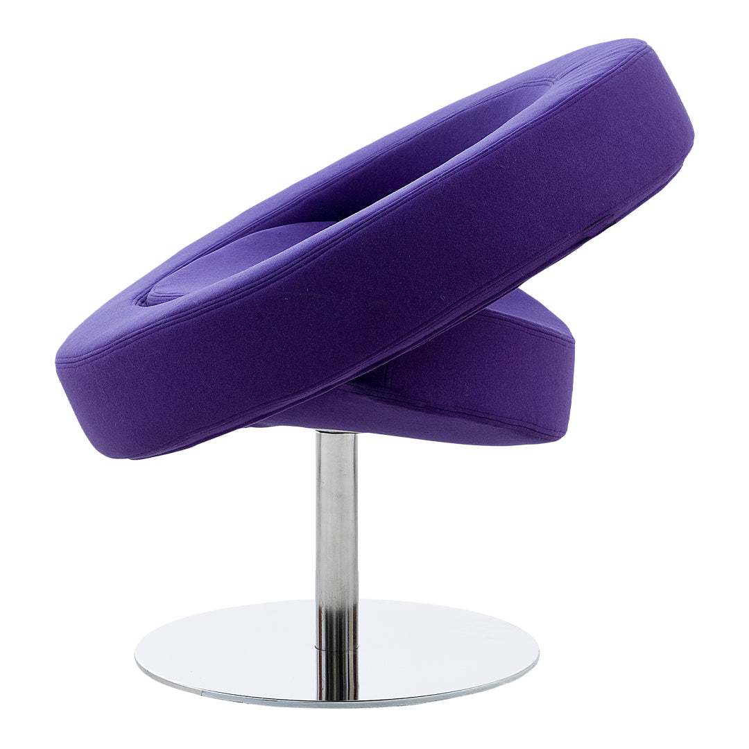 Purple swivel chair with a smooth, modern design and circular seat on a sleek chrome base.