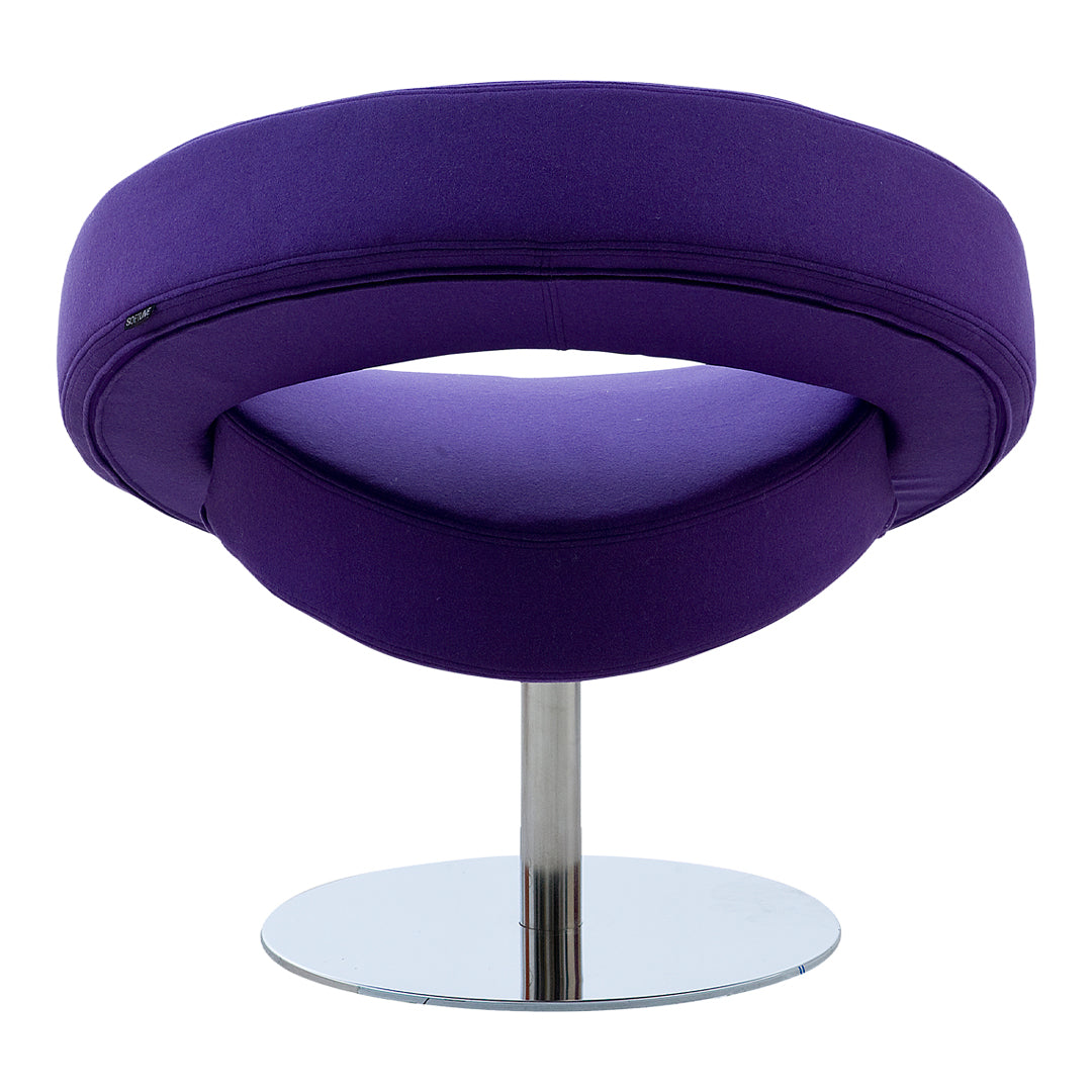 Purple upholstered chair with a modern circular design and a sleek chrome base, perfect for stylish interiors.