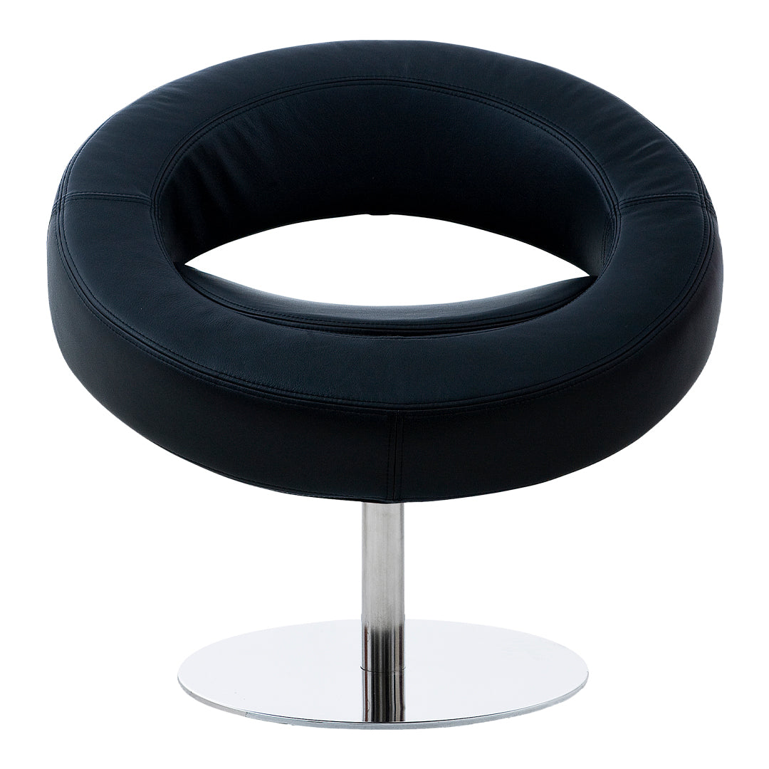 Black circular lounge chair with a smooth, padded surface and sleek chrome base. Modern design enhances contemporary decor.