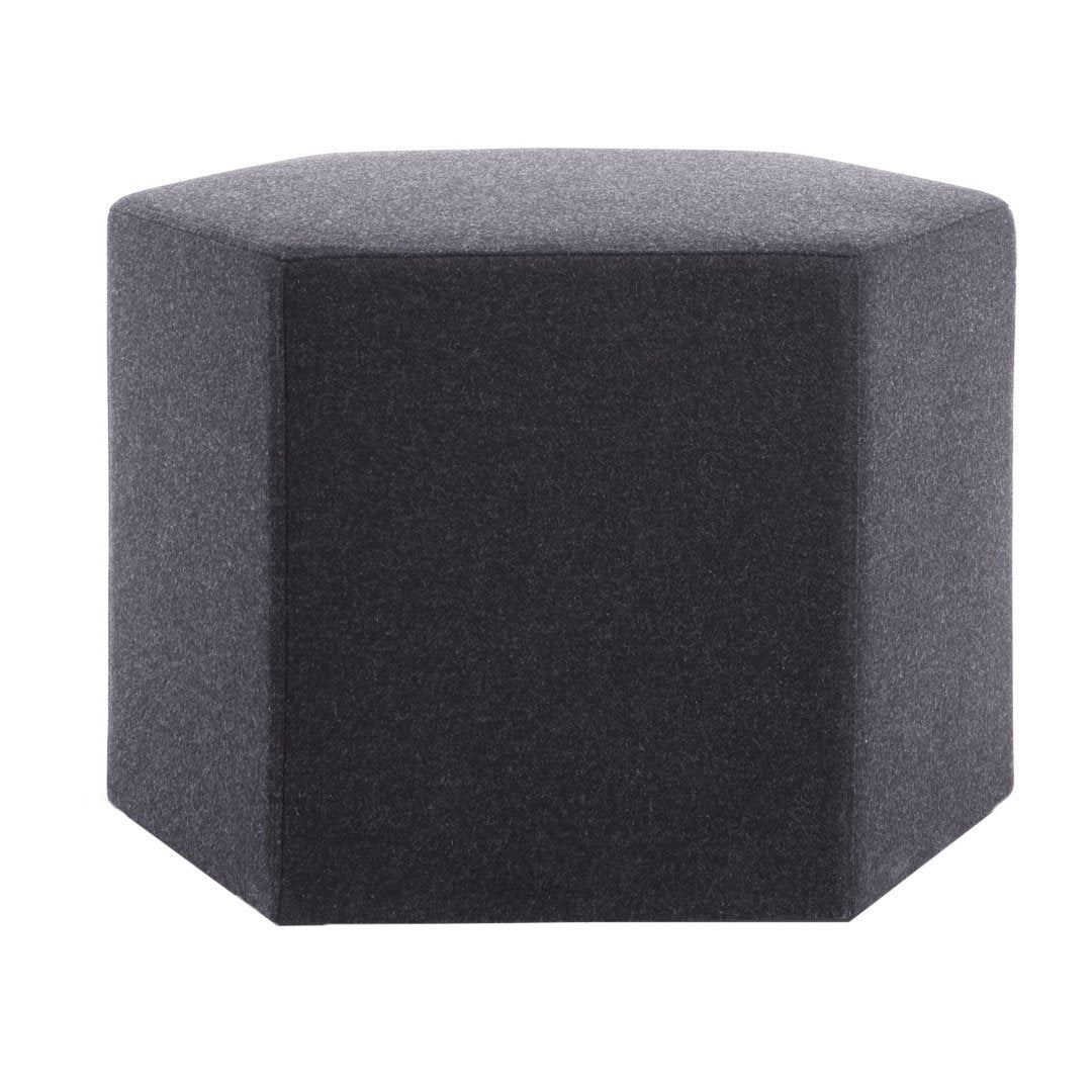 Hexagonal black foam ottoman with a smooth, solid texture, perfect for modern decor.