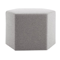 Gray hexagonal ottoman in a textured fabric, featuring a modern, minimalist design. Perfect for contemporary decor.