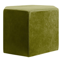 Olive green, textured suede cube ottoman with a simple, modern design.