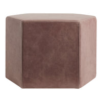 Hexagonal leather ottoman in soft taupe color with a matte finish. Minimalist design suits any decor style.