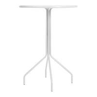 Elegant white round table with a minimalist design and sleek three-legged base, perfect for modern decor.