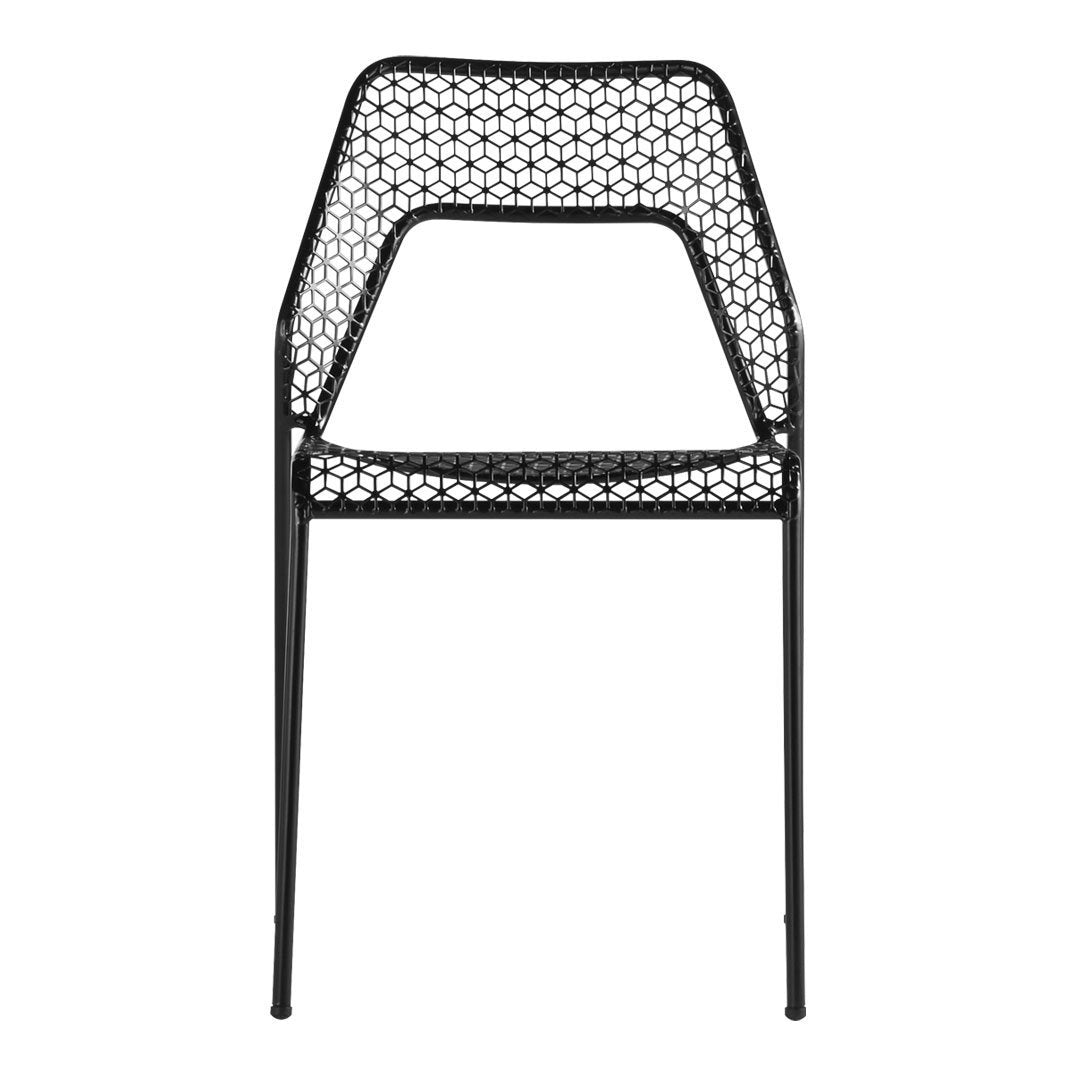 Black mesh chair featuring a geometric pattern and sleek metal frame. Ideal for modern decor.