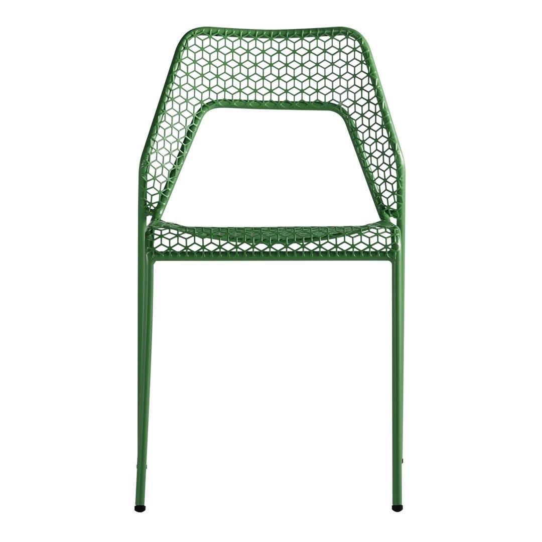 Green patterned chair featuring a modern, open weave design and sleek legs for contemporary decor.