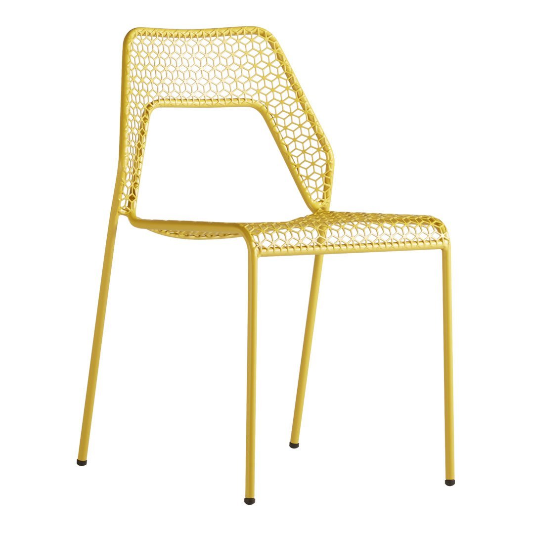 Bright yellow chair with a modern open weave pattern and sleek metal legs. Perfect for stylish indoor or outdoor spaces.