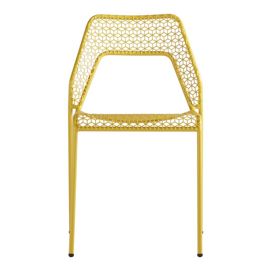 Bright yellow chair with a modern, geometric open weave pattern. Perfect for adding a pop of color to any space.