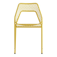 Bright yellow chair with a modern, geometric open weave pattern. Perfect for adding a pop of color to any space.