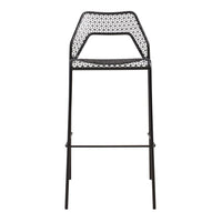 Black metal bar stool with a stylish, perforated pattern and sleek, minimalist design. Perfect for modern interiors.